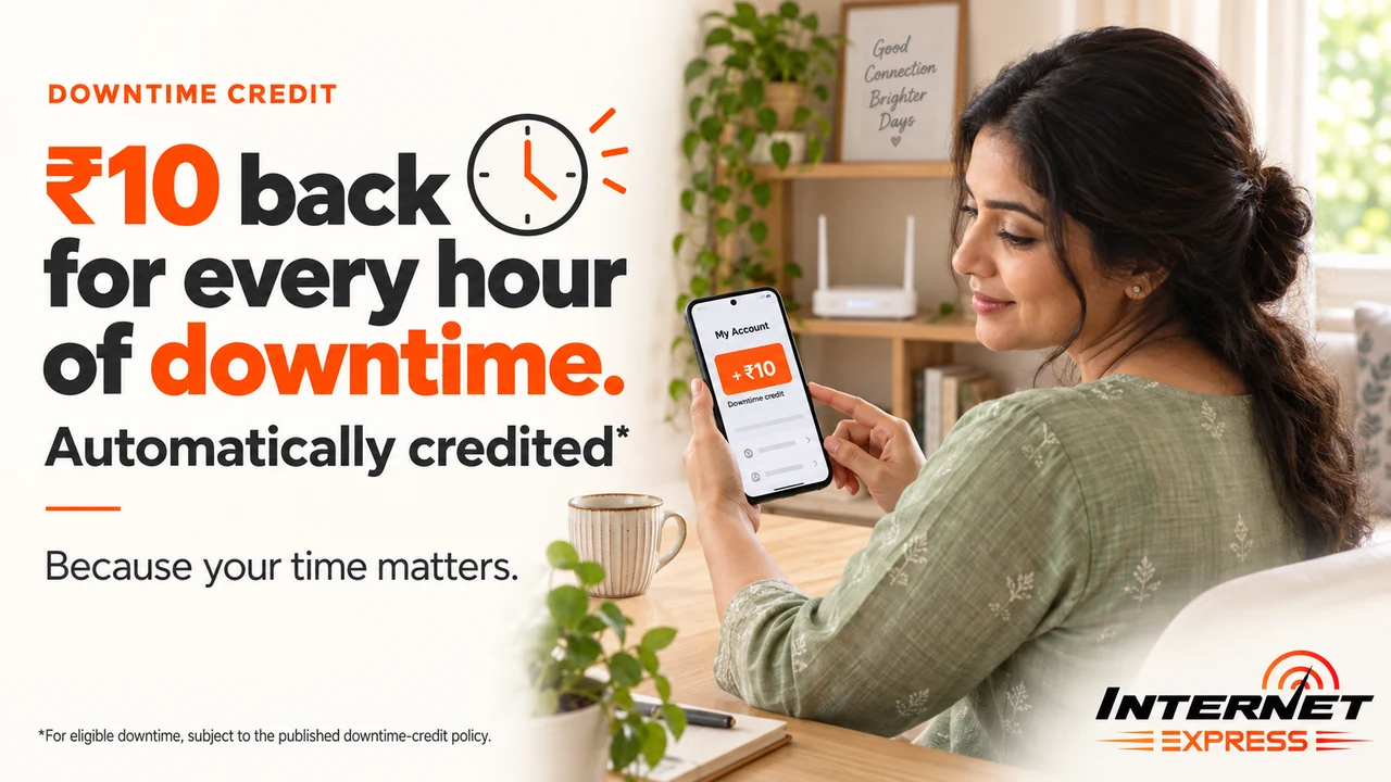 A customer at home looking at a downtime credit of plus ₹10 in her account on her phone, with the router behind her. Caption: ₹10 back for every hour of downtime, credited for eligible downtime.